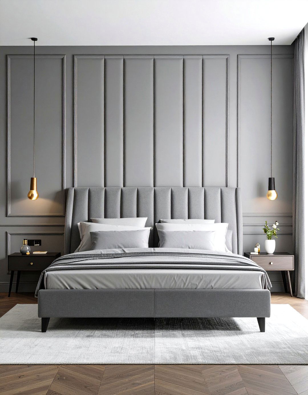 Panelled Upholstered Grey Headboard - 20 Grey Headboard Bedroom Ideas