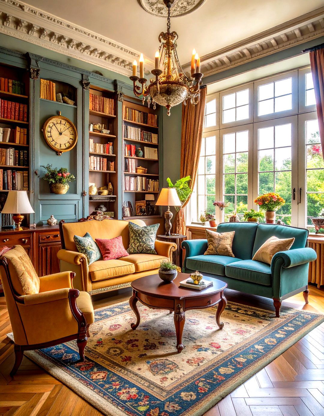 Parisian Style Living Room with Vintage Collectors Showcase - 20 Parisian-style Living Room Ideas