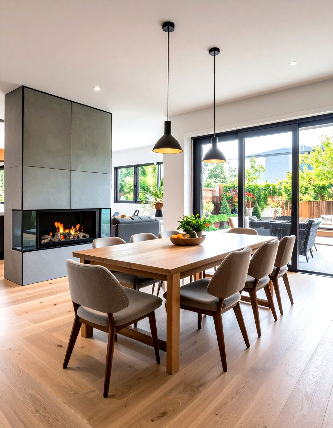 Partial Height Fireplace Wall Defines Open Plan Dining Room - 20 Dining Room With Fireplace Ideas