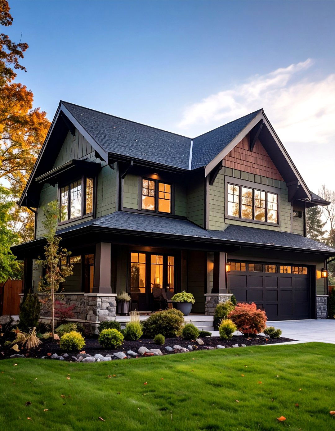Passive Solar Thinking for a Dark Olive Green House - 20 Dark Olive Green House With Black Trim