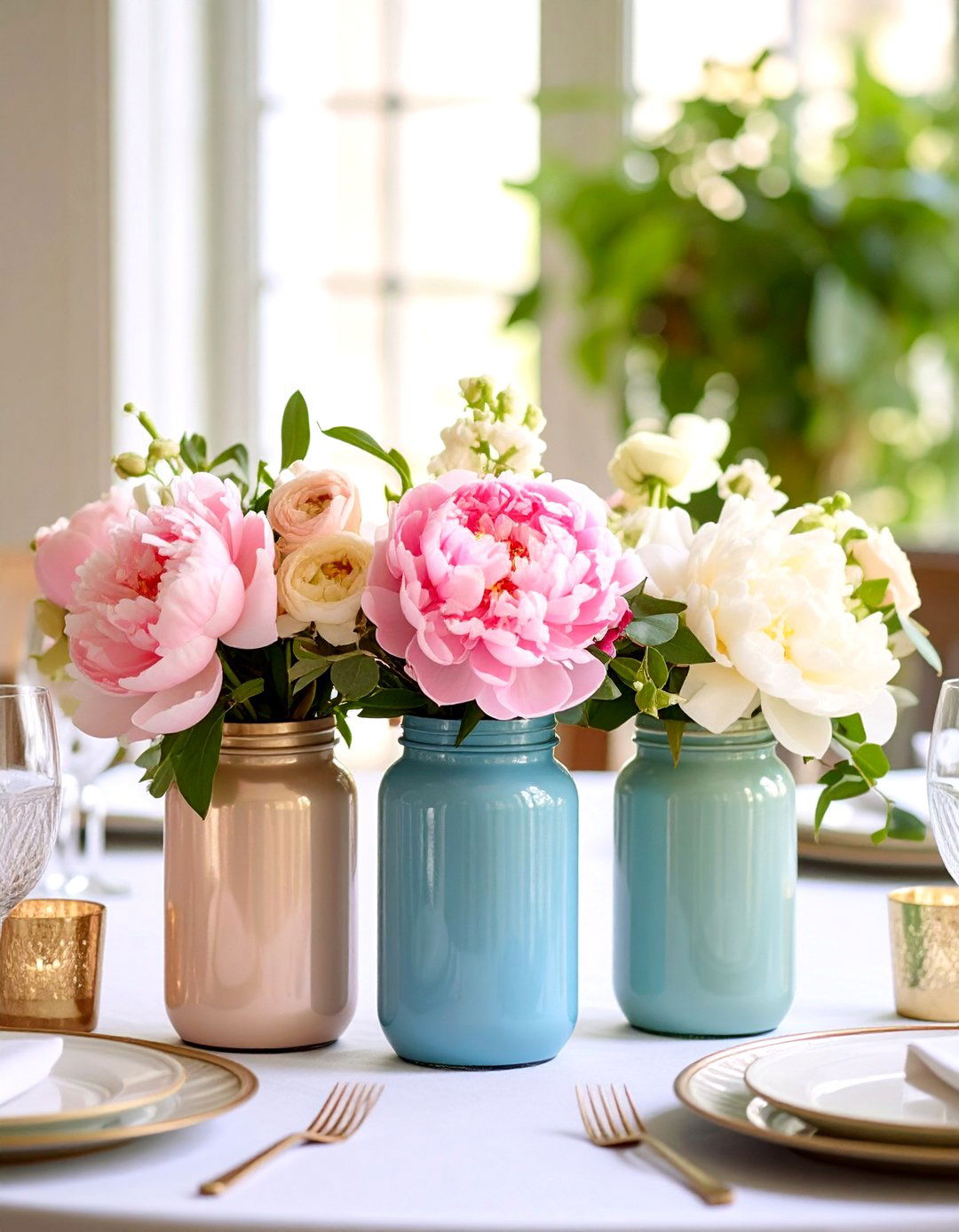 Pastel Chalk Painted Peony Mason Jar Cluster - 20 Mason Jar Wedding Centerpieces