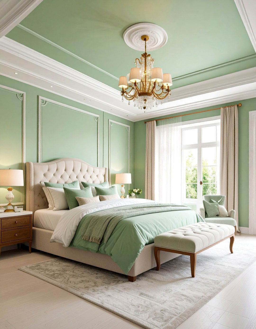 Pastel Green Ceiling Over a Chalk White Shell - 20 Green and White Bedroom Ideas