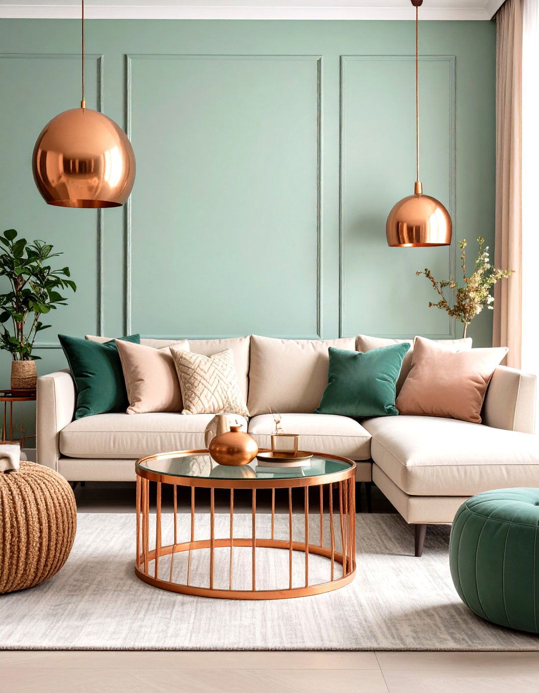 Pastel Living Room with Mint Green and Copper Warmth - 20 Pastel Living Room Ideas