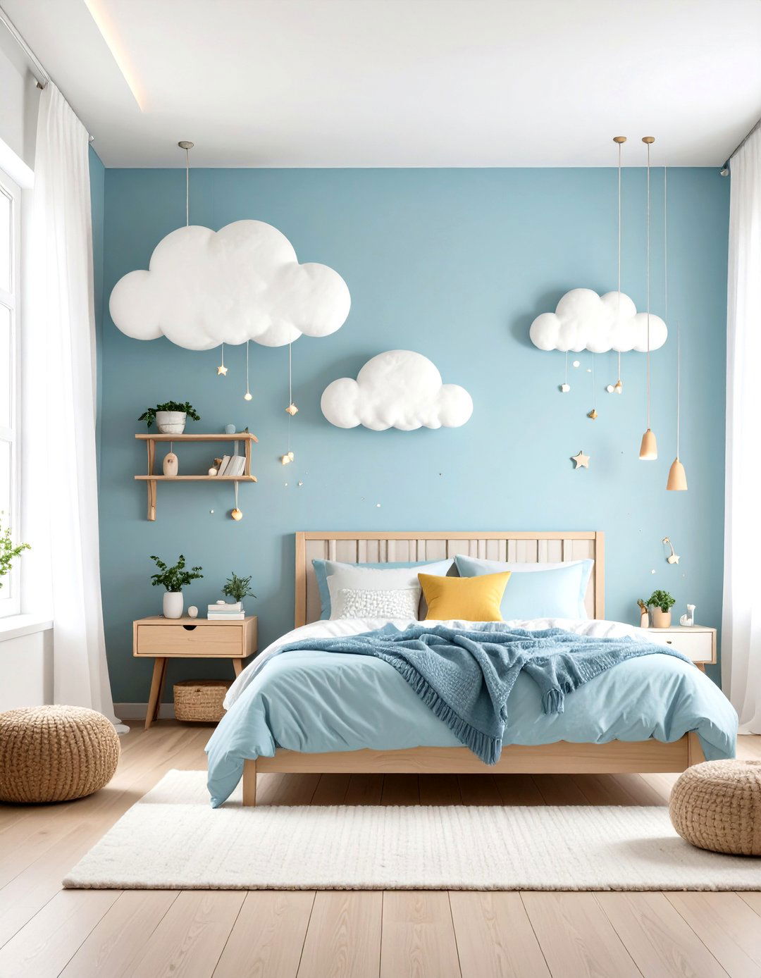 Pastel Sky Blue Bedroom with Cloud Mural - 20 Girls Blue Bedroom Ideas