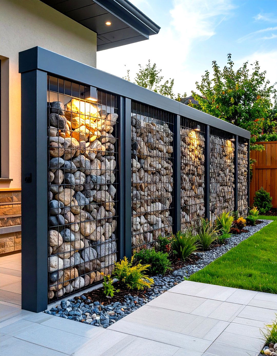 Patio Privacy Gabion Wall Installation - 20 Patio Privacy Ideas