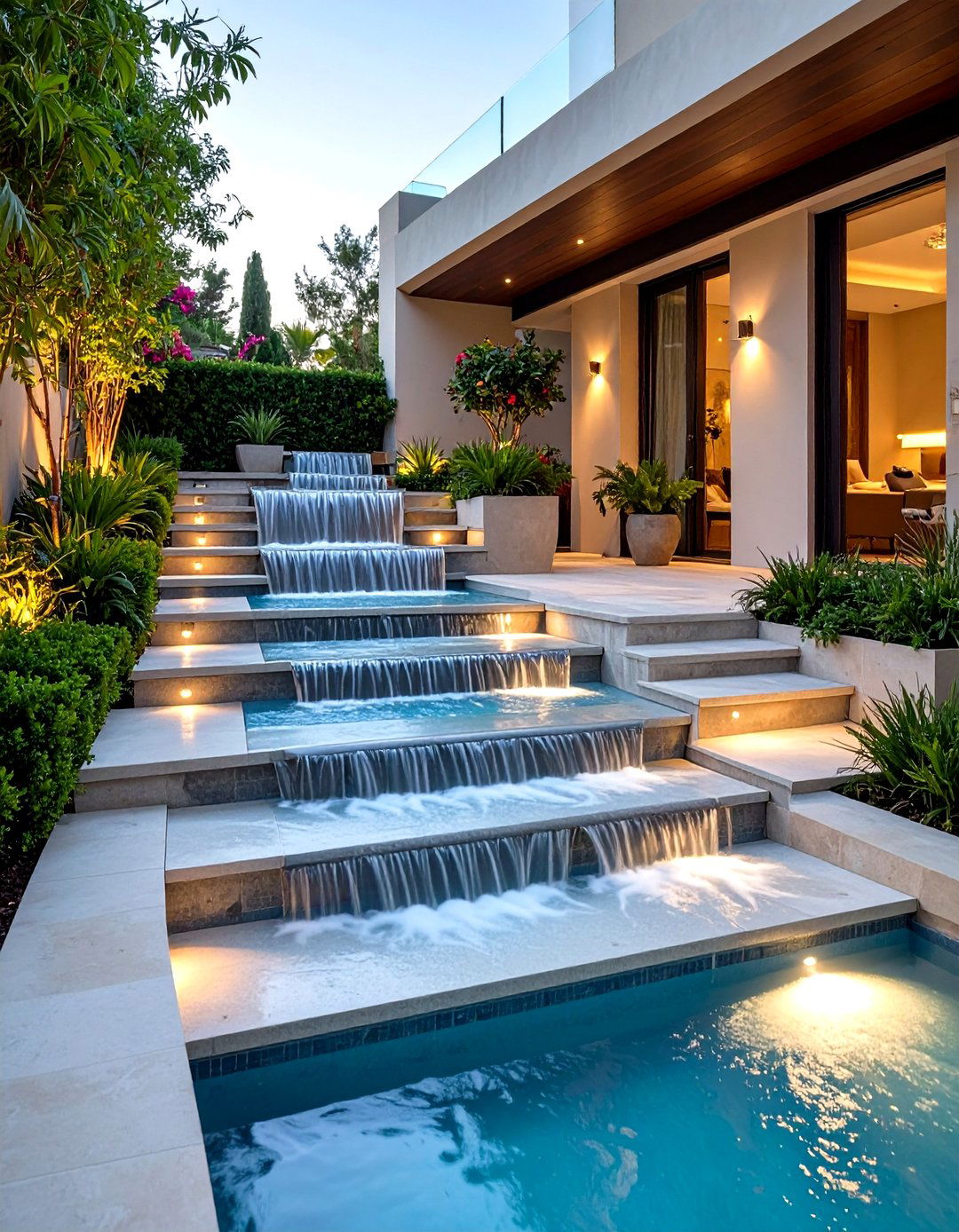 Patio Steps with Water Feature Integration - 20 Patio Steps Ideas