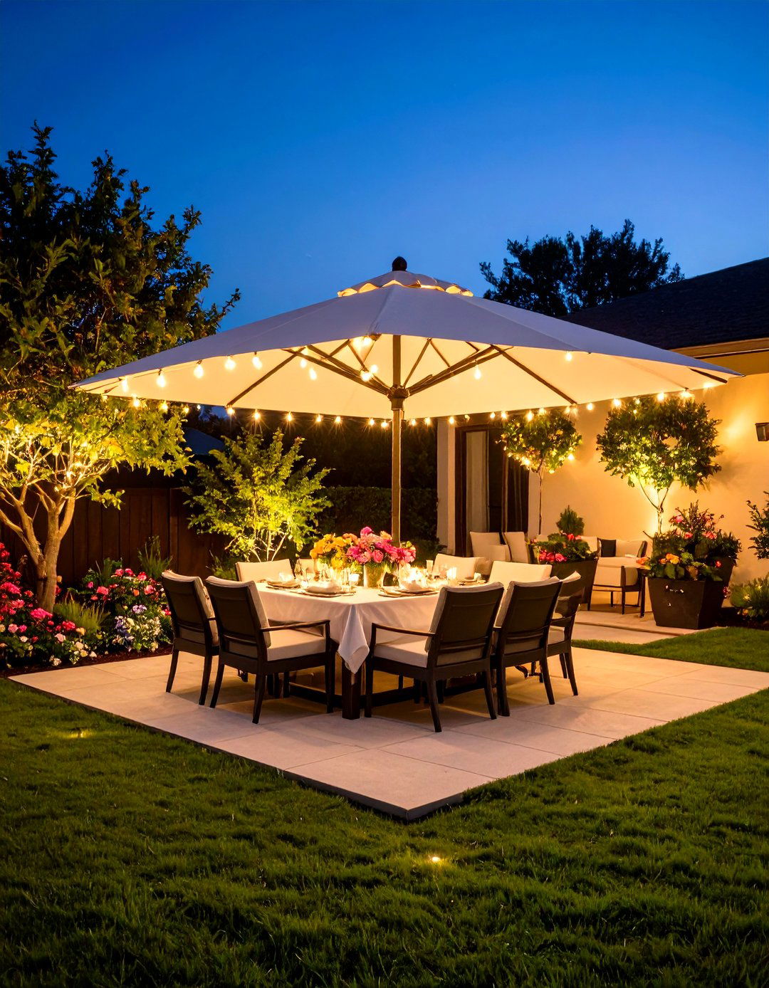 Patio Umbrella Integrated String Light Dining Setup - 20 Patio String Light Ideas