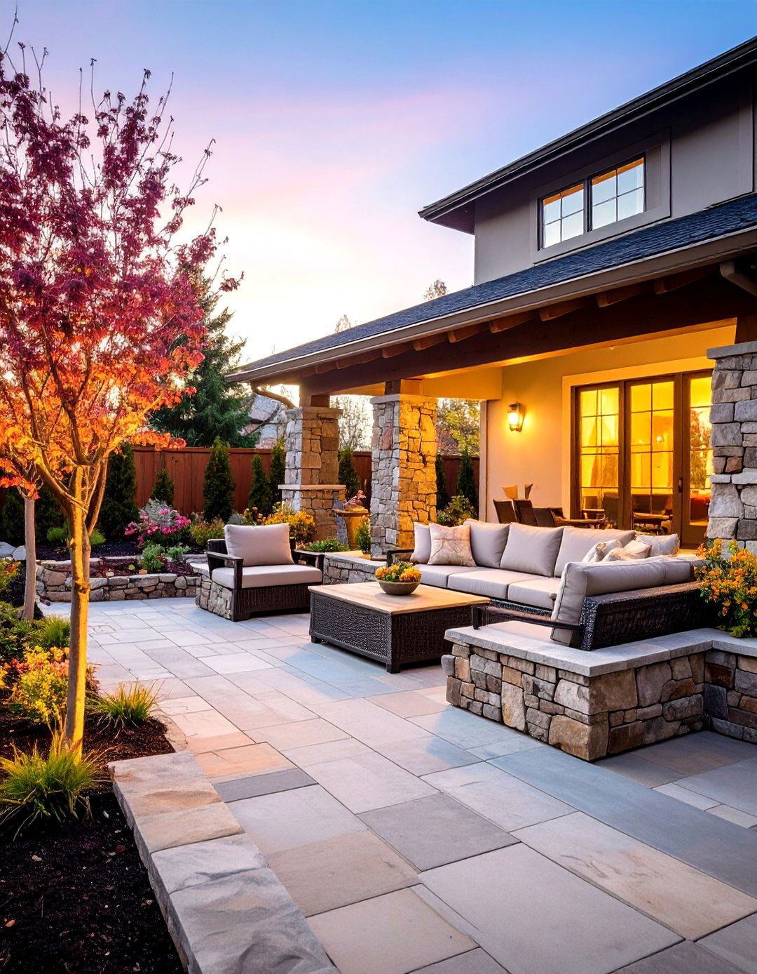 Patio with Stone Seating Walls - 20 Stone Patio Ideas
