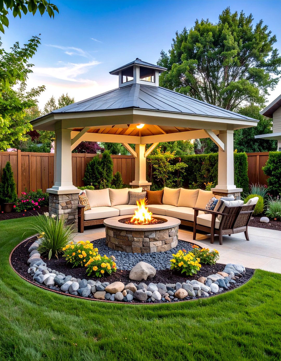 Patio with a Gazebo and Built In Fire Pit Lounge - 20 patio with a gazebo ideas