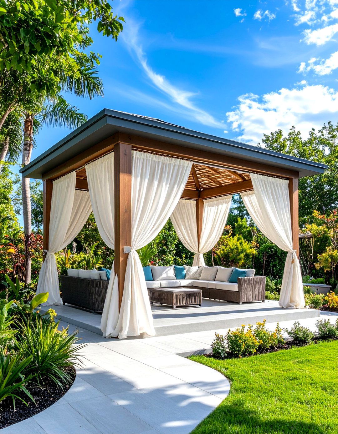 Patio with a Gazebo and Curtains for Resort Style Privacy - 20 patio with a gazebo ideas