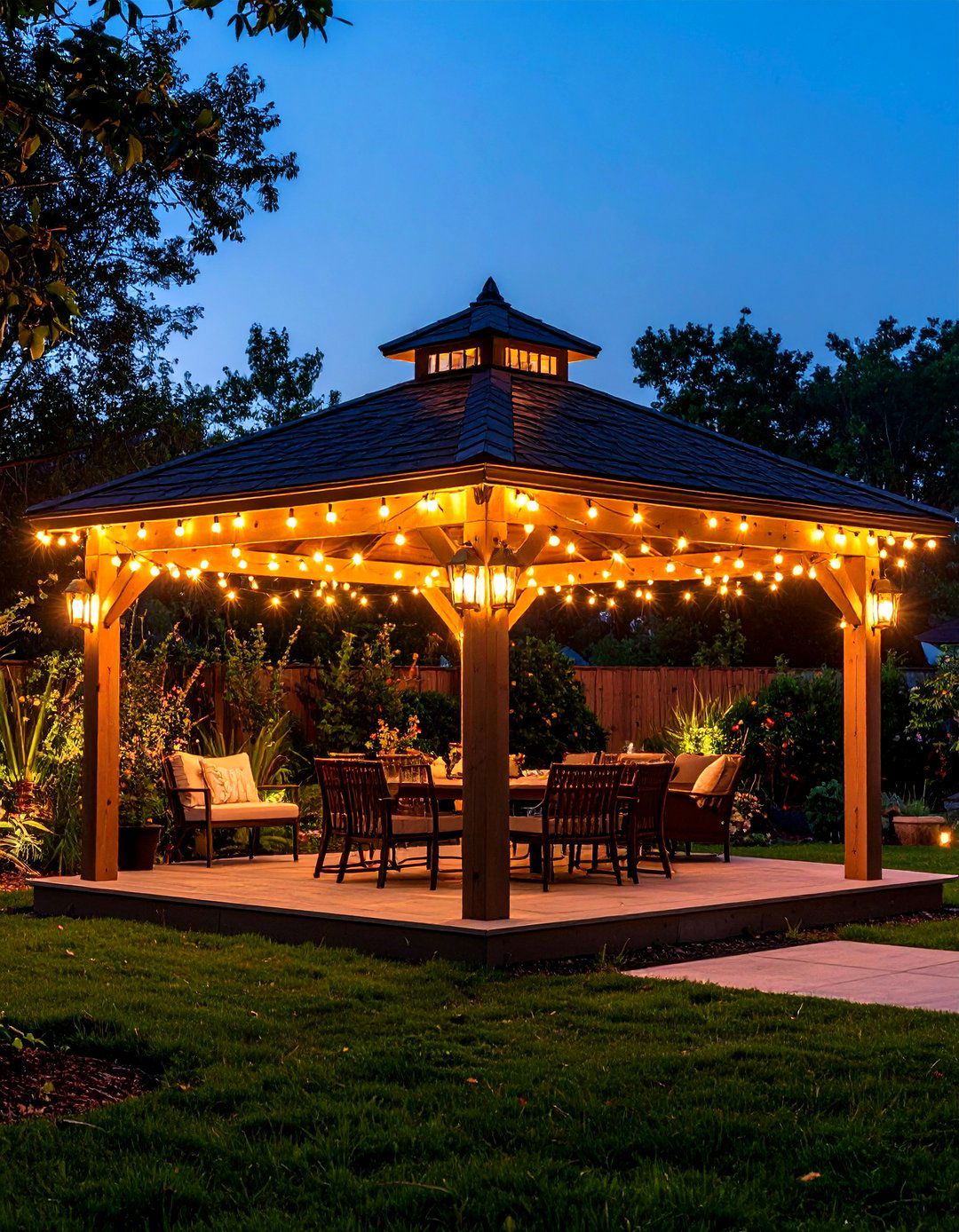 Patio with a Gazebo and Solar String Light Canopy - 20 patio with a gazebo ideas