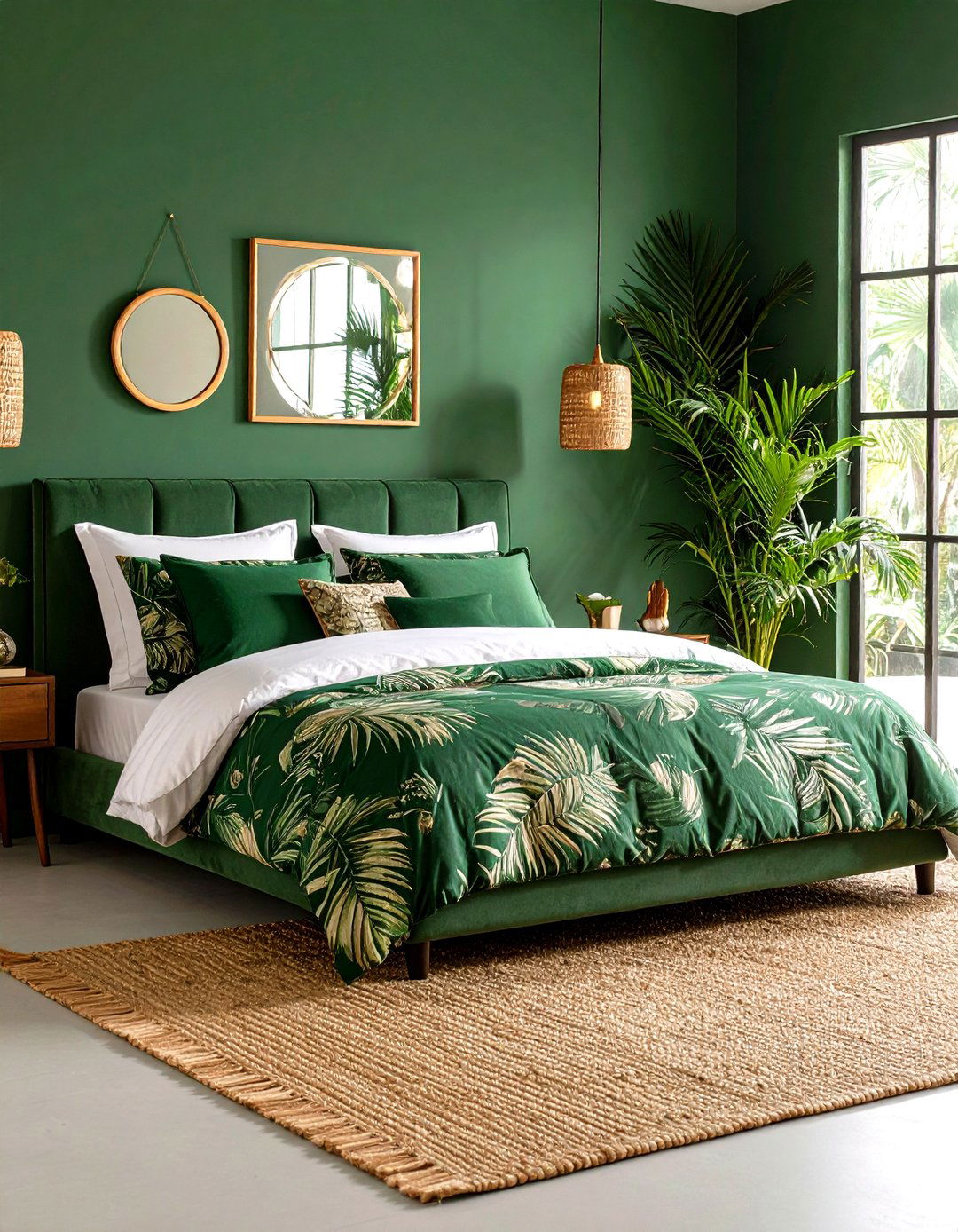 Pattern Forward Green Bedroom with Statement Bedding - 20 Green Bedroom Ideas