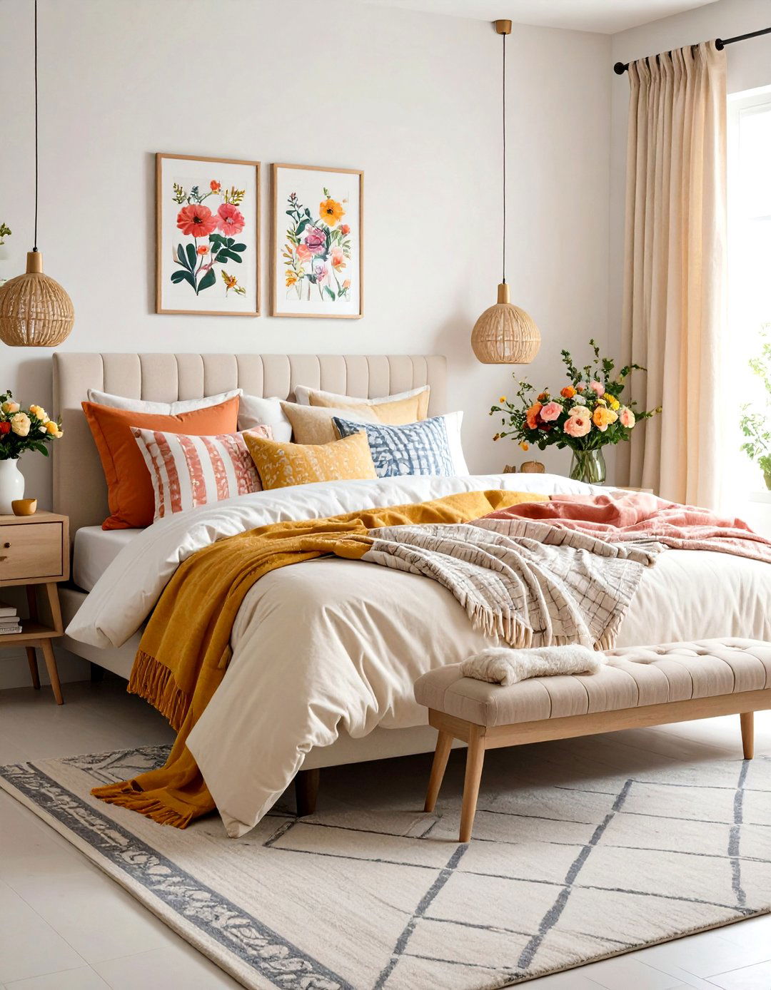 Pattern Mixed White and Cream Bedroom Textiles - 20 White and Cream Bedroom Ideas