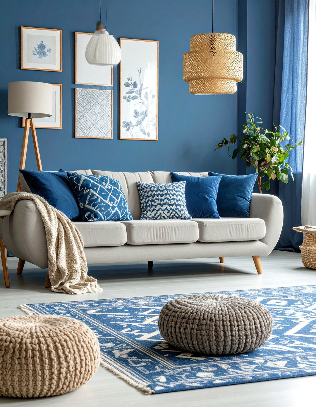 Pattern Mixing Grey Floor Living Room with Blue Walls Eclectic Style - 20 grey floor living room with blue walls ideas