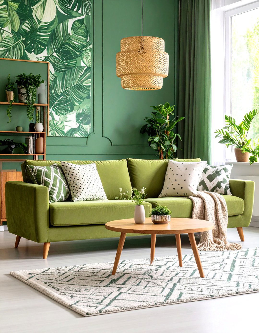 Pattern Play in Tonal Greens - 20 Dark Green Living Room Ideas