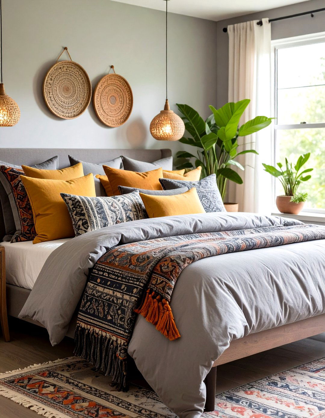 Pattern Rich Global Pillows Personalize the Grey Boho Bedroom - 20 Grey Boho Bedroom Ideas
