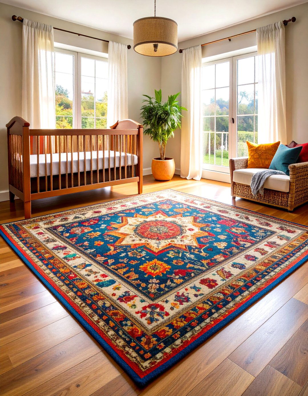Pattern Rich Rug Grounds the Floor in Cozy Warmth - 20 Farmhouse Nursery Ideas