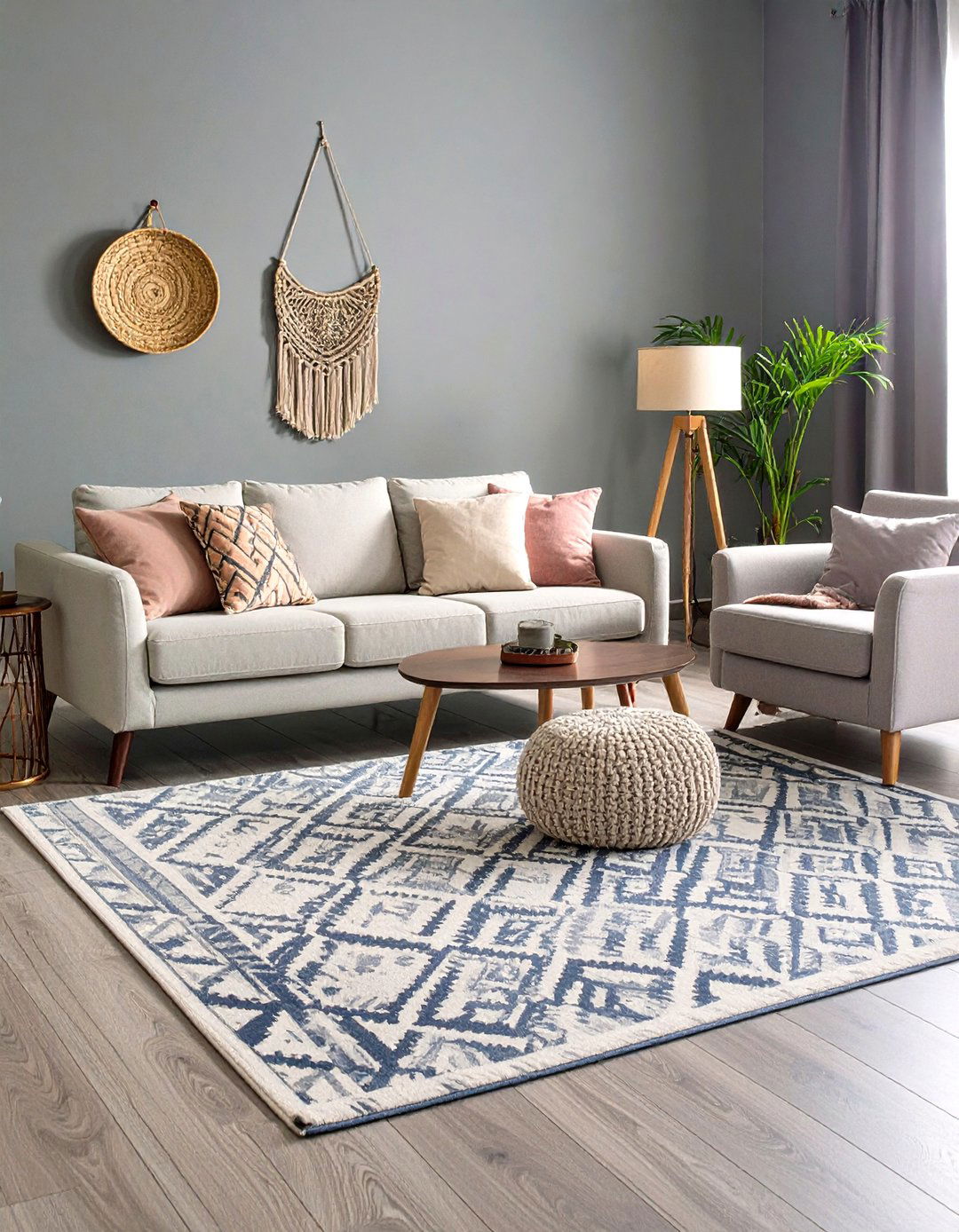 Pattern Rich Rugs Underpin a Gray Living Room - 20 Gray Living Room Ideas