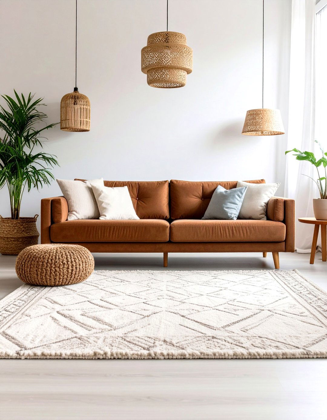 Patterned Area Rug for Visual Anchor - 20 Dark Brown Couch Living Room Ideas