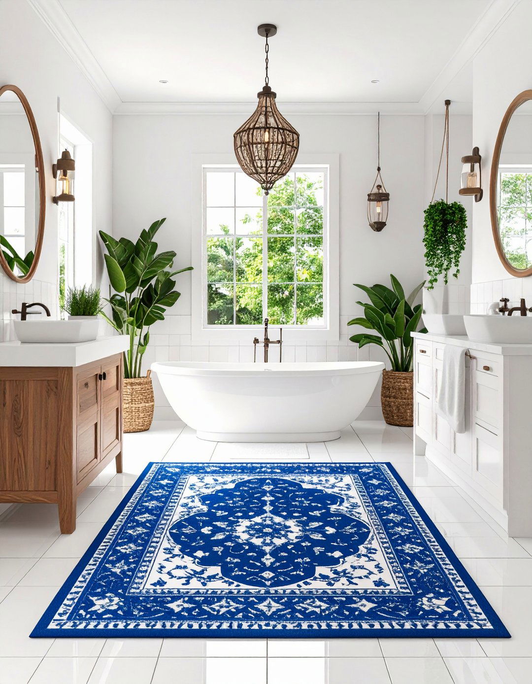Patterned Cement Rug Effect - 20 Blue and White Bathroom Ideas