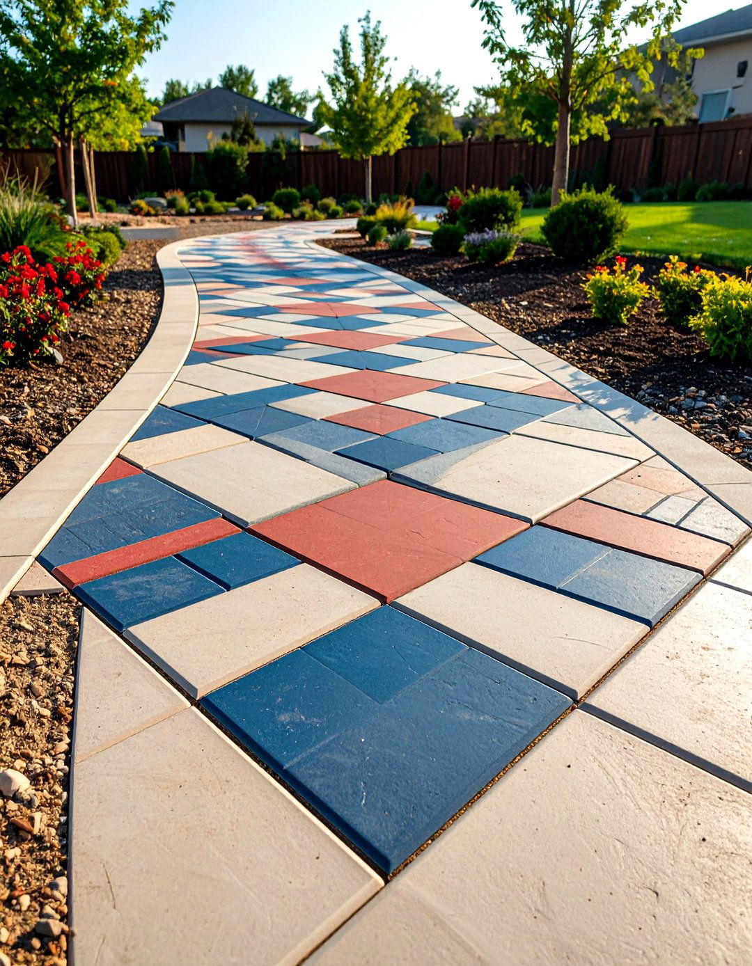 Patterned Concrete Paver Walkway Resembling Vintage Tile - 20 Farmhouse Walkway Ideas