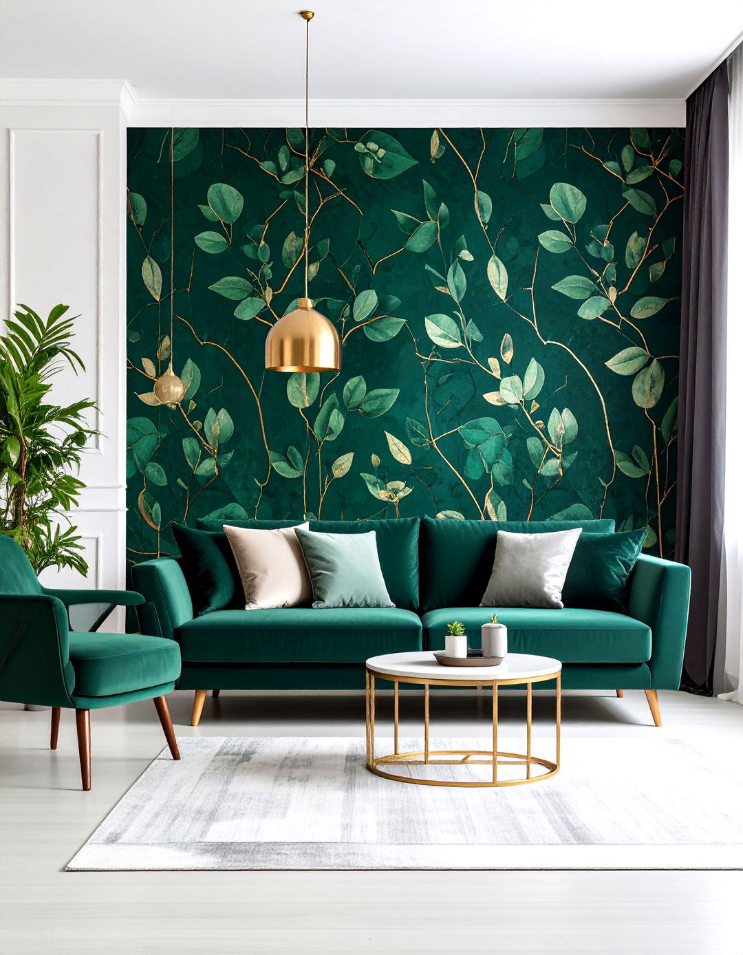 Patterned Emerald Wallpaper with Metallic Highlights - 20 Emerald Green and Gold Living Room Ideas