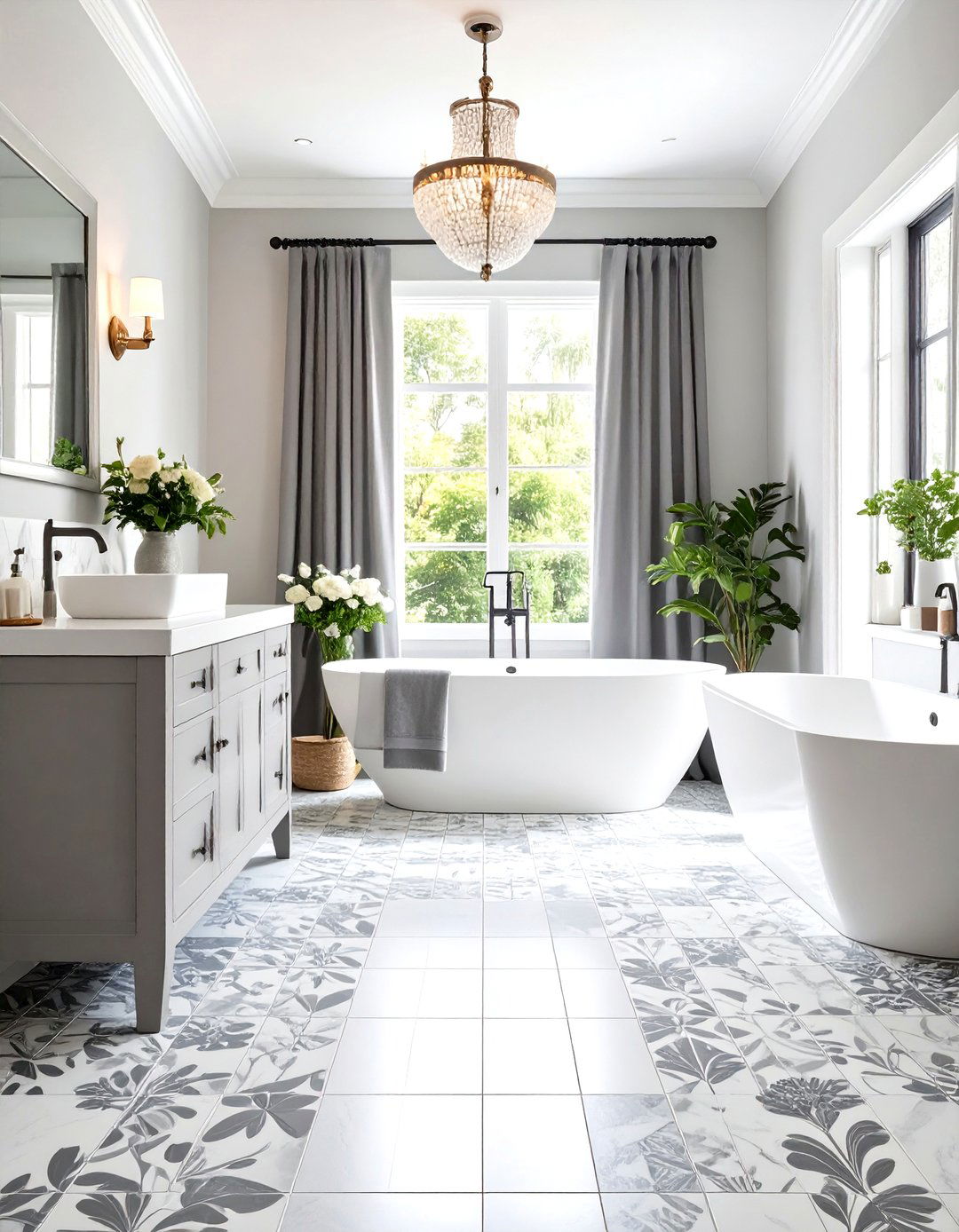 Patterned Floor Focus Grey and White Bathroom - 20 Grey and White Bathroom Ideas