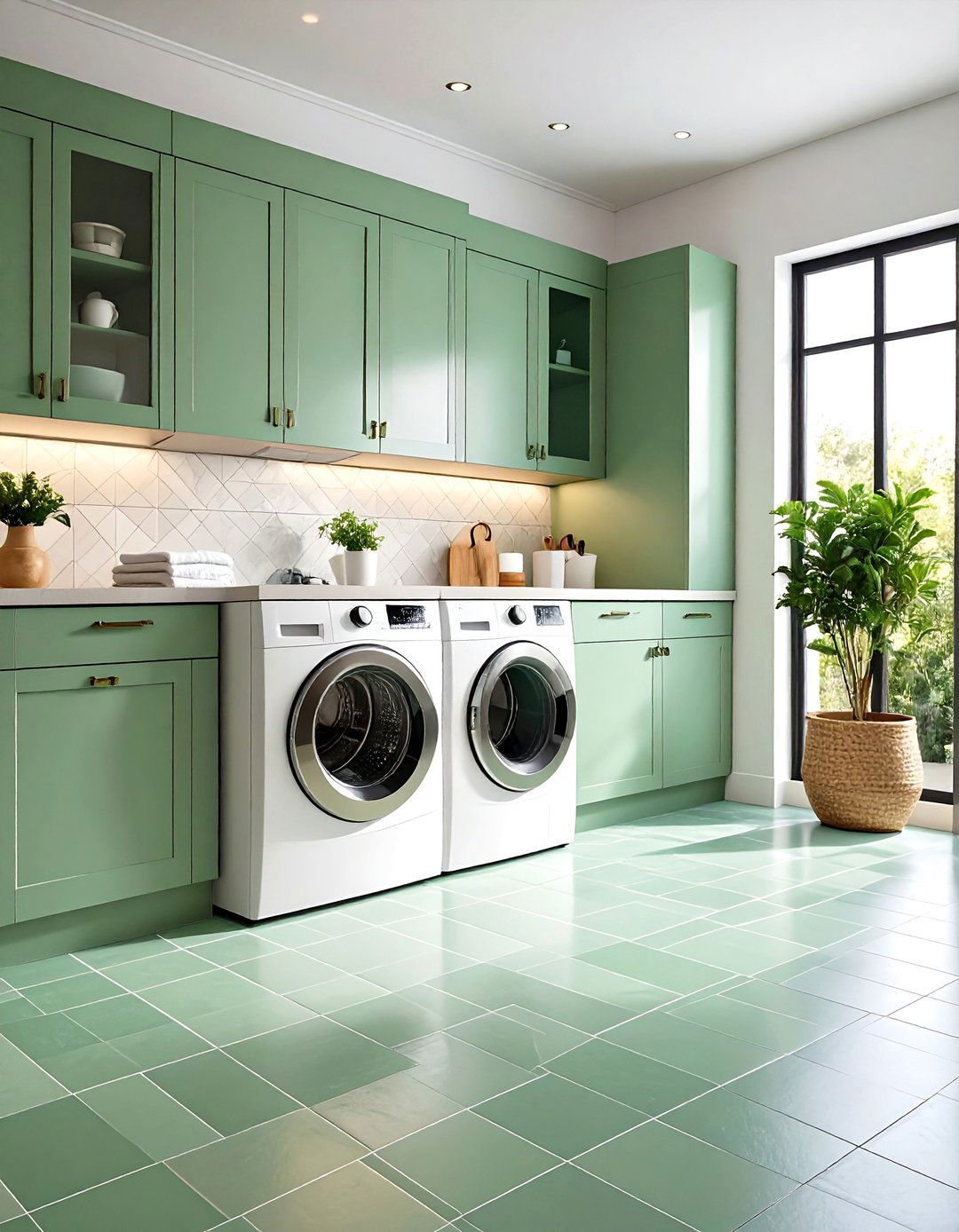 Patterned Floor Tile - 20 Sage Green Laundry Room Ideas