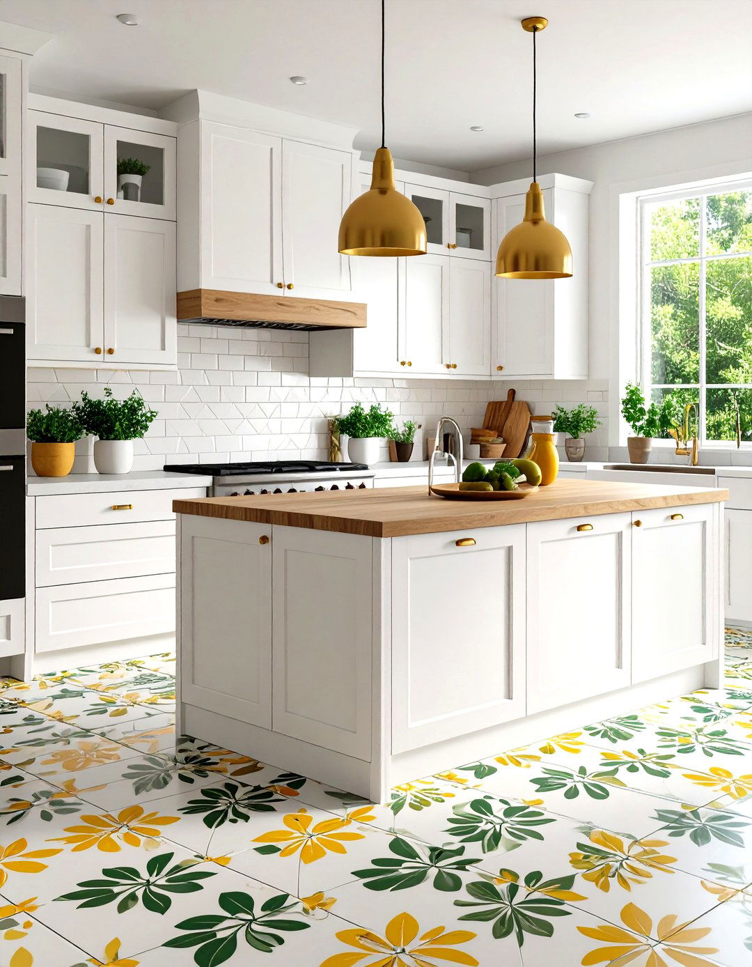 Patterned Floor for Zesty Kitchen - 20 Green and Yellow Kitchen Ideas