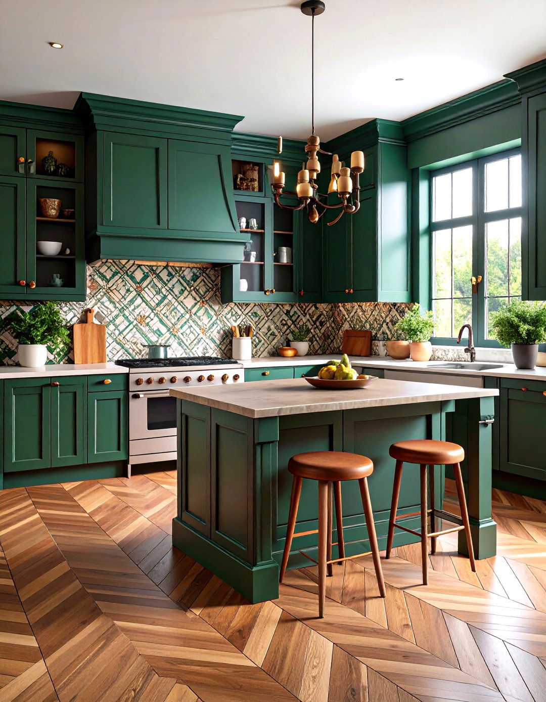 Patterned Flooring Grounds a Dark Green Kitchen - 20 Dark Green Kitchen Ideas