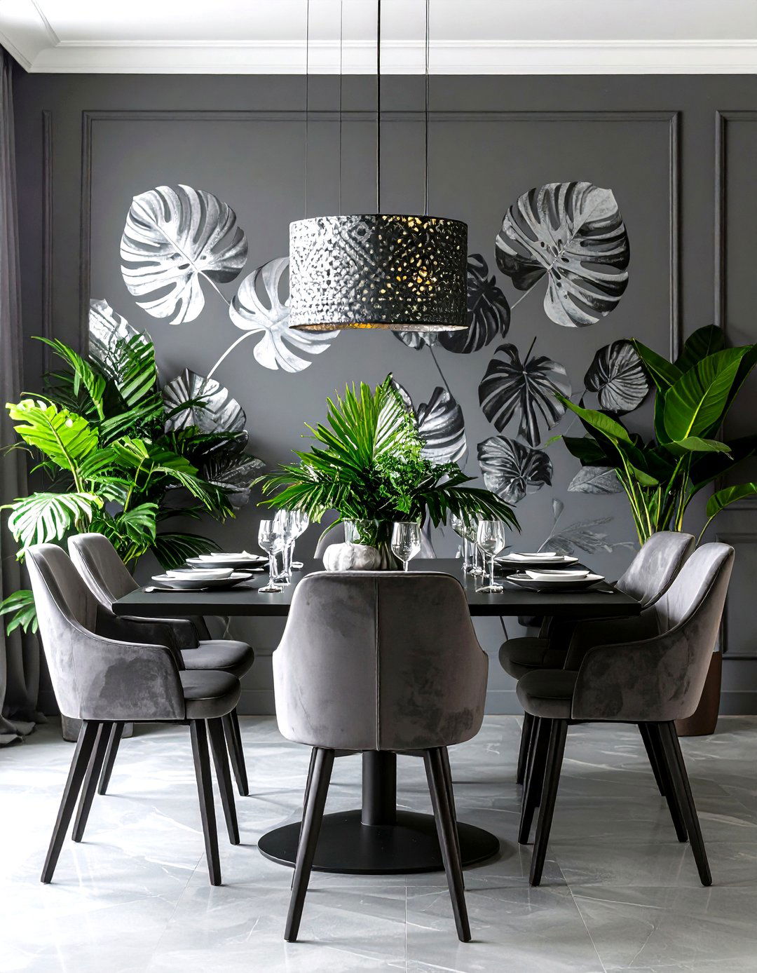 Patterned Gray Wallpaper Stars as Accent - 20 Gray Dining Room Ideas