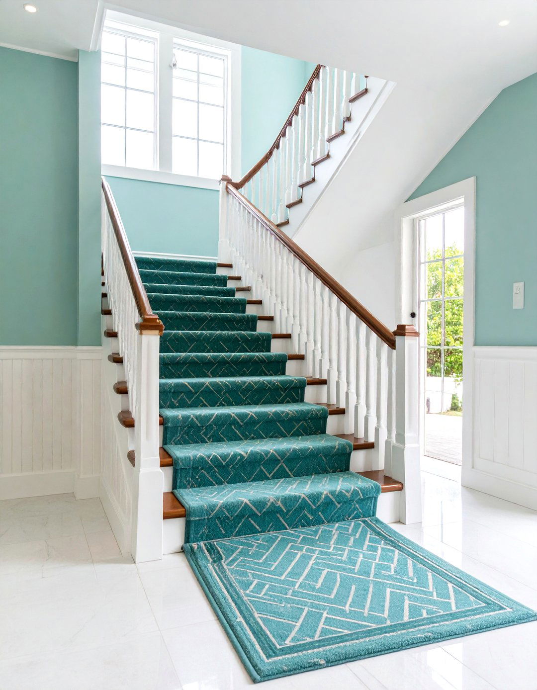 Patterned Green Hallway Stair Runner - 20 Green Hallway Ideas