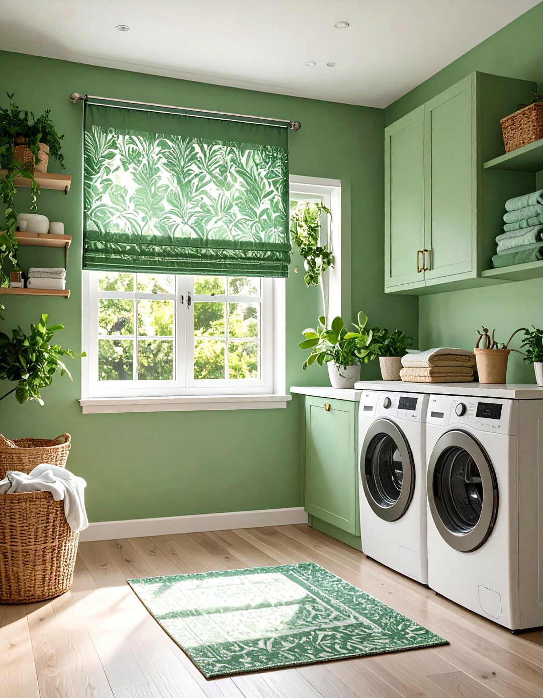 Patterned Green Roman Shade Finishes the Palette - 20 Green Laundry Room Ideas