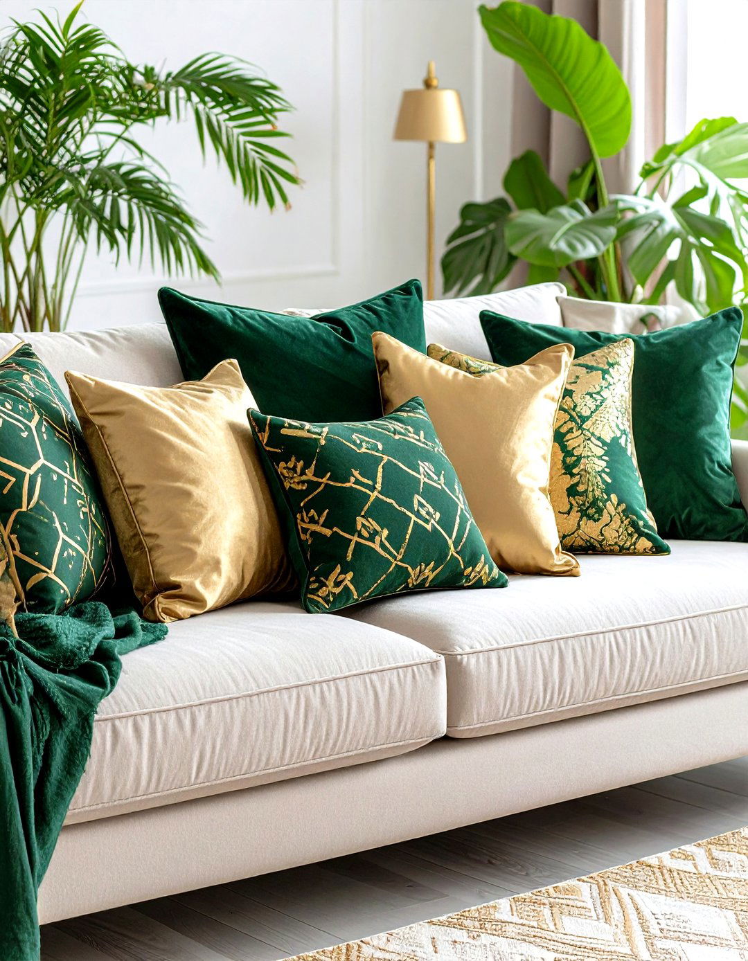 Patterned Green and Gold Throw Pillows on a Neutral Sofa - 20 Green and Gold Living Room Ideas