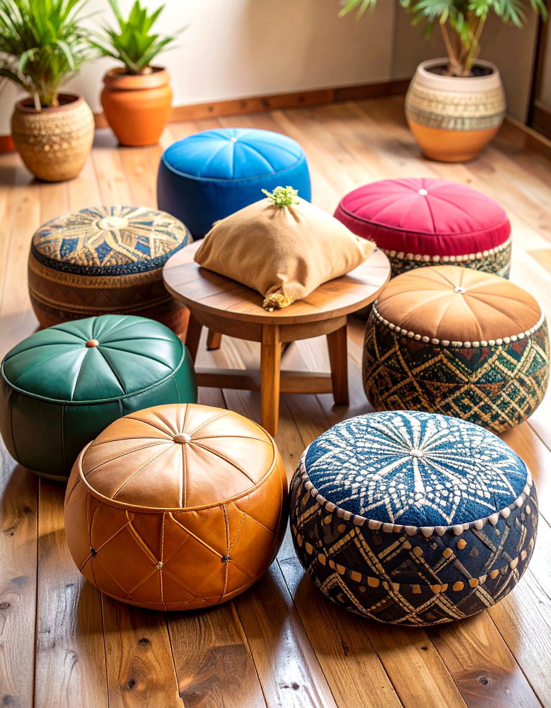 Patterned Moroccan Poufs as Seating - 20 Boho Toddler Room Ideas