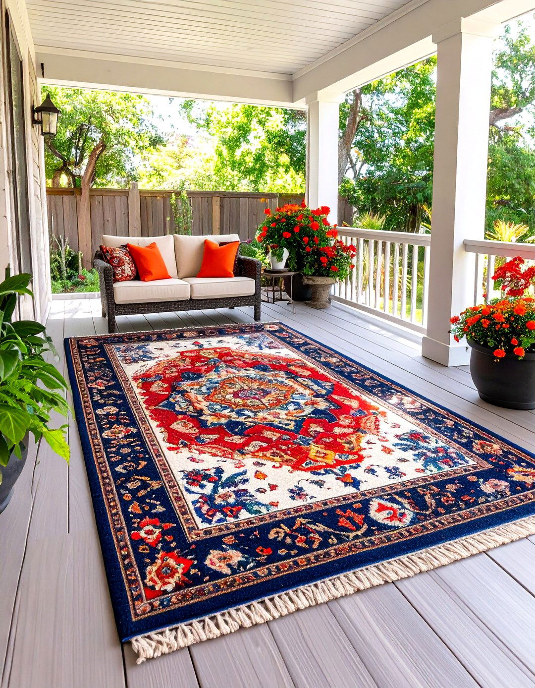Patterned Outdoor Rugs Grounding a Boho House Exterior - 20 Boho House Exterior Ideas