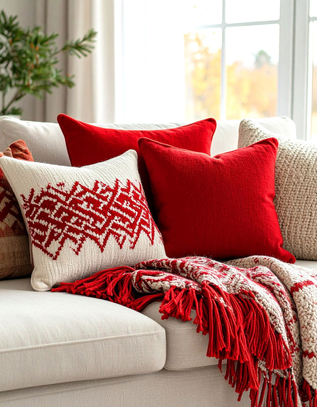 Patterned Red Throw Pillows - 20 Red Living Room Ideas