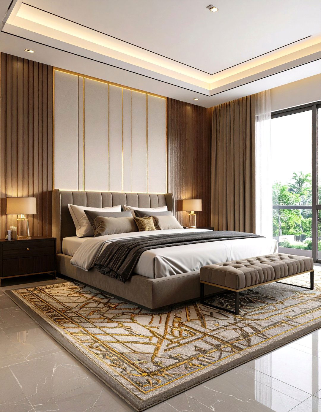 Patterned Rug to Ground a Gold Bedroom - 20 Gold Bedroom Ideas