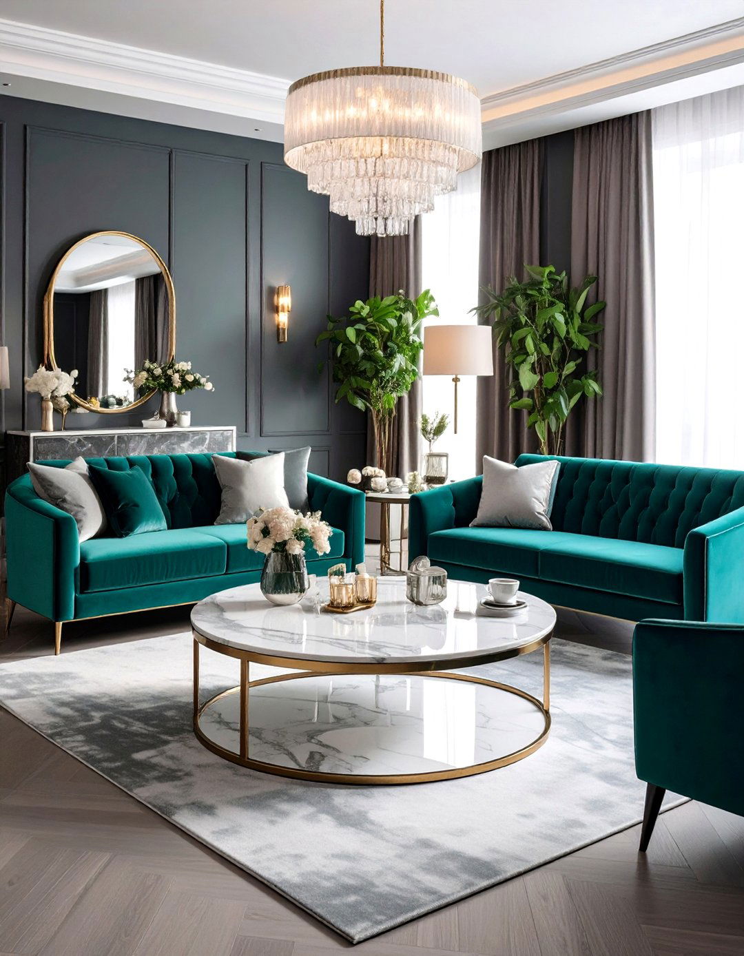 Patterned Rugs Incorporating Both Colors - 20 Teal and Grey Living Room Ideas