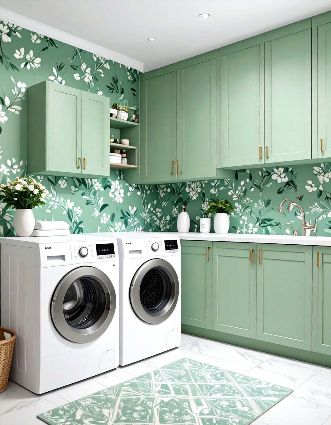 Patterned Sage Wallpaper - 20 Sage Green Laundry Room Ideas