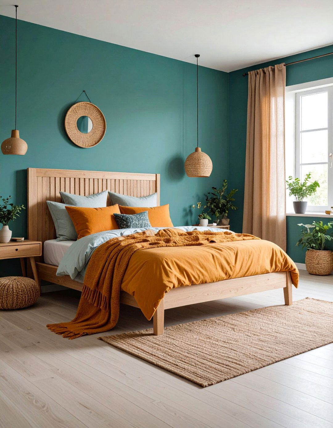Patterned Teal Curtains for Dramatic Effect - 20 Teal and Orange Bedroom Ideas