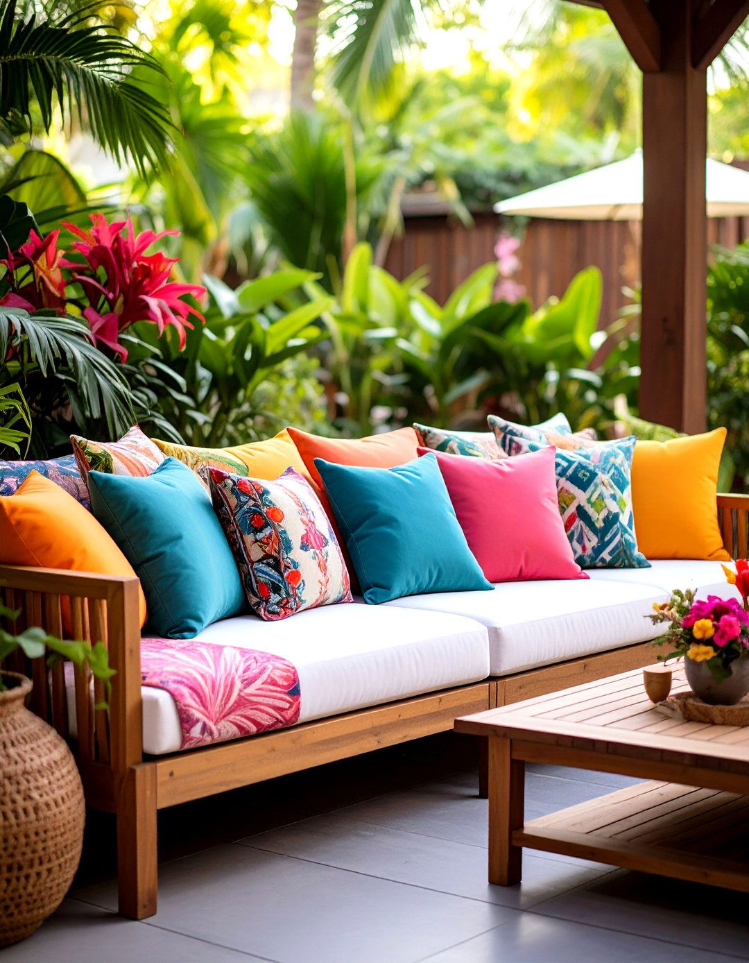 Patterned Throw Pillows and Textiles - 20 Tropical Patio Ideas