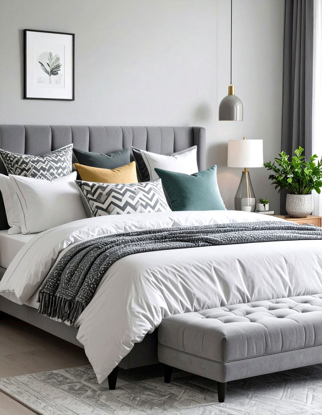 Patterned Throw Pillows in a Grey and White Bedroom for Pop - 20 Grey and White Bedroom Ideas