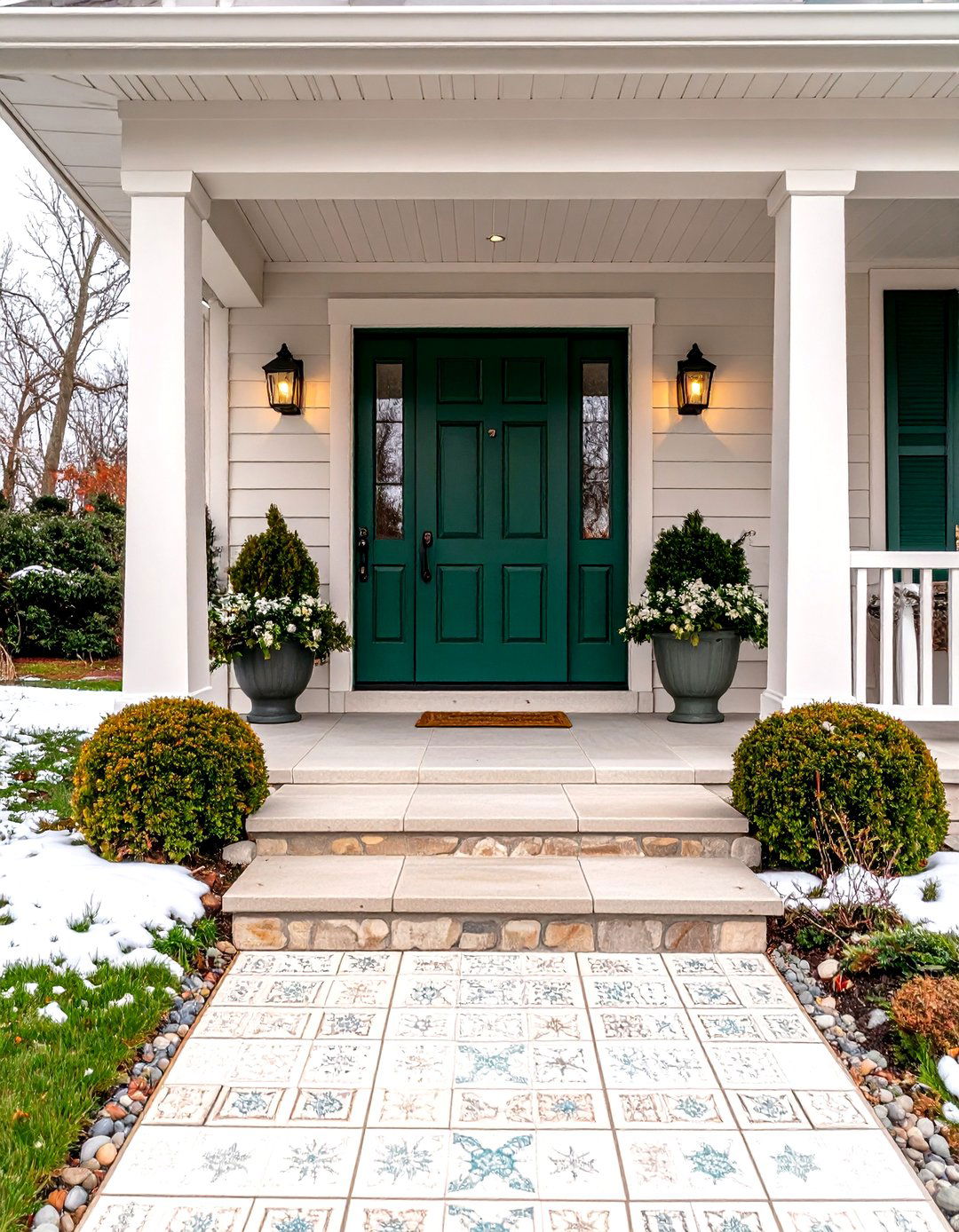 Patterned Tile Front Porch Rug - 20 Dark Green Front Door Ideas