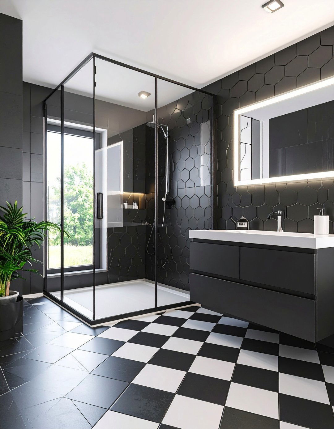 Patterned Tile Highlights a Black Bathroom - 20 Black Room Ideas