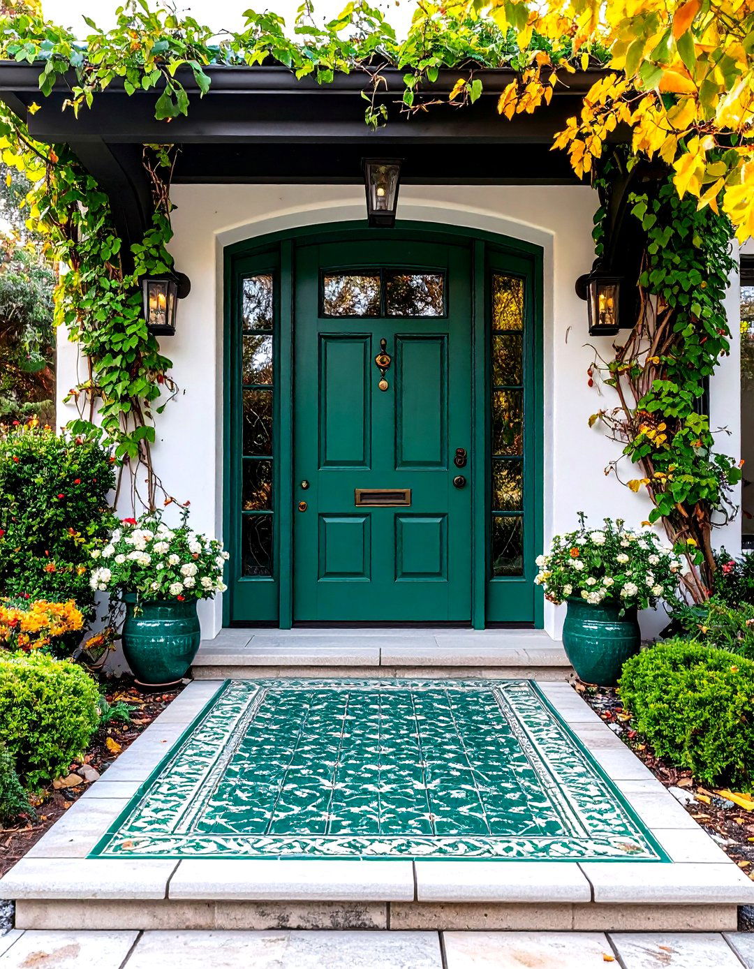 Patterned Tile Threshold - 20 Emerald Green Front Door Ideas