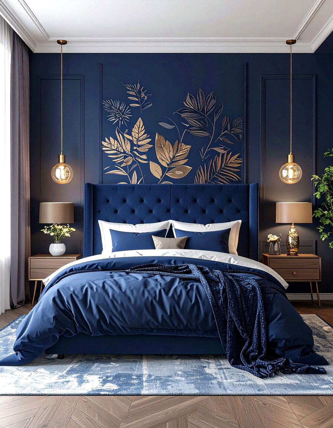 Patterned Wallpaper in a Dark Blue Bedroom - 20 Dark Blue Bedroom Ideas