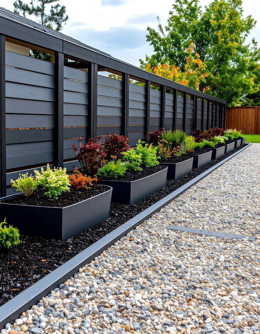 Pea Gravel Courtyard With Mulched Planter Pods - 20 Front Yard Landscaping Ideas With Rocks and Mulch