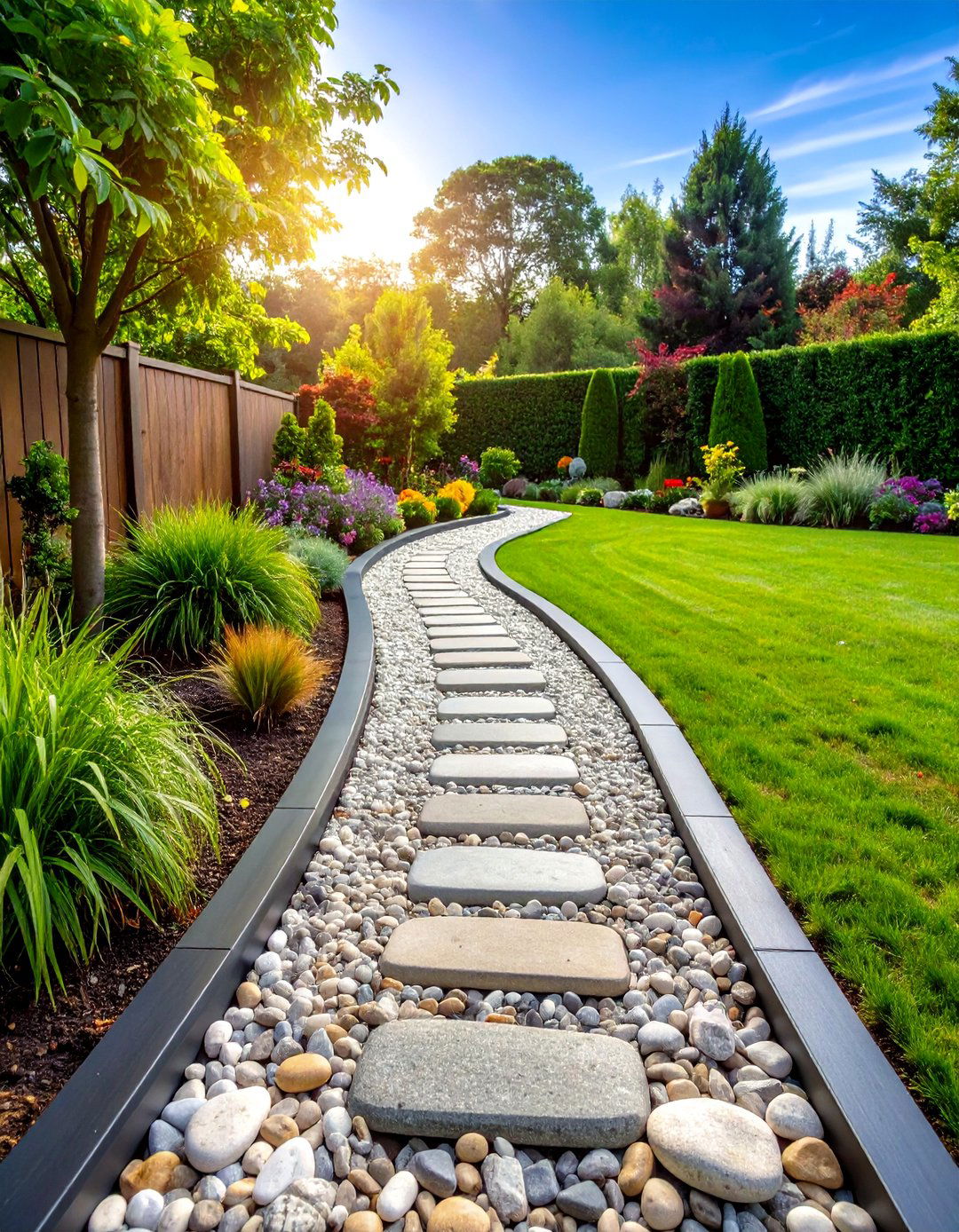 Pea Gravel Garden Path with Steel Edging - 20 Garden Path Ideas