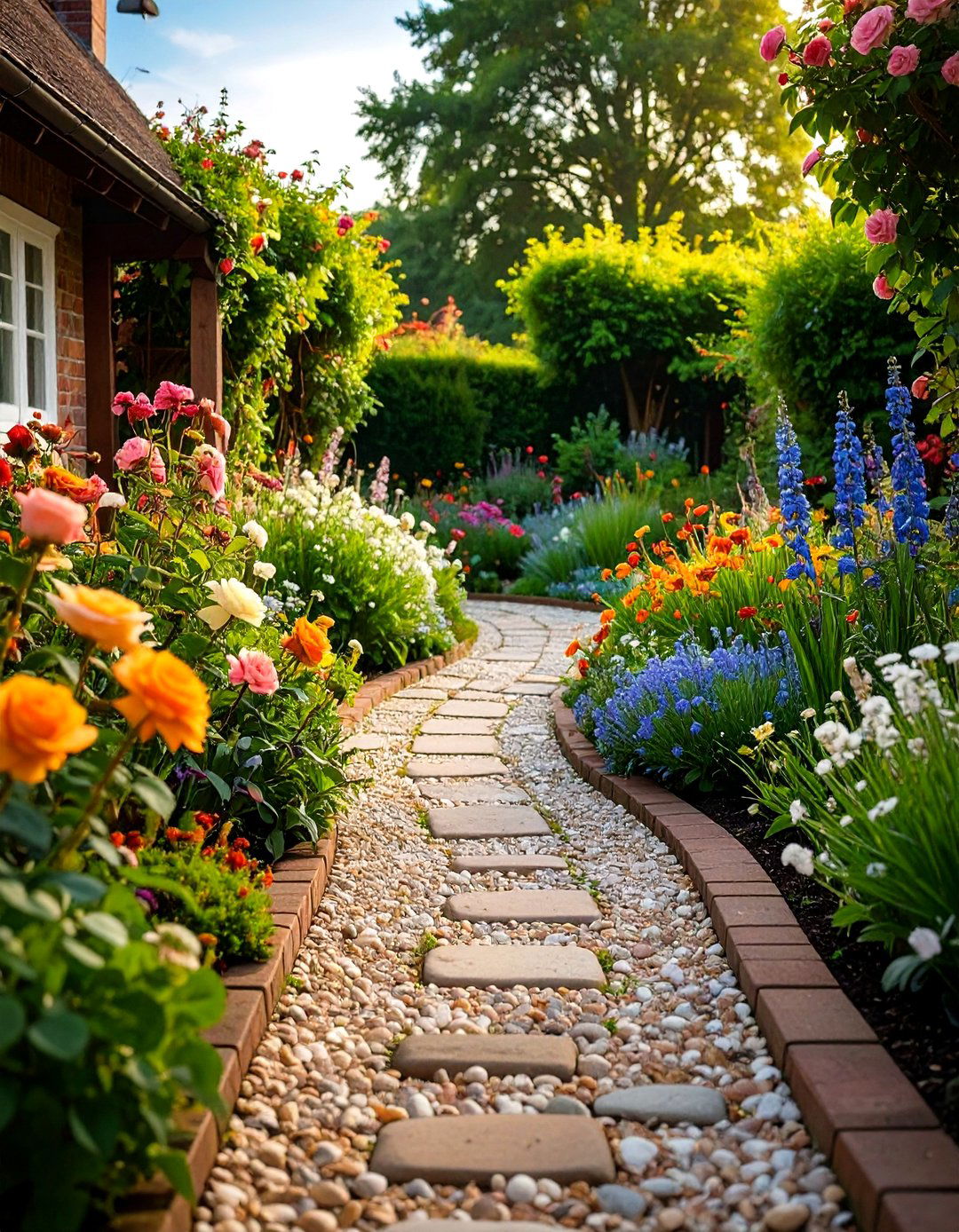 Pea Gravel Rock Walkway with Cottage Garden Style Integration - 20 Rock Walkway Ideas